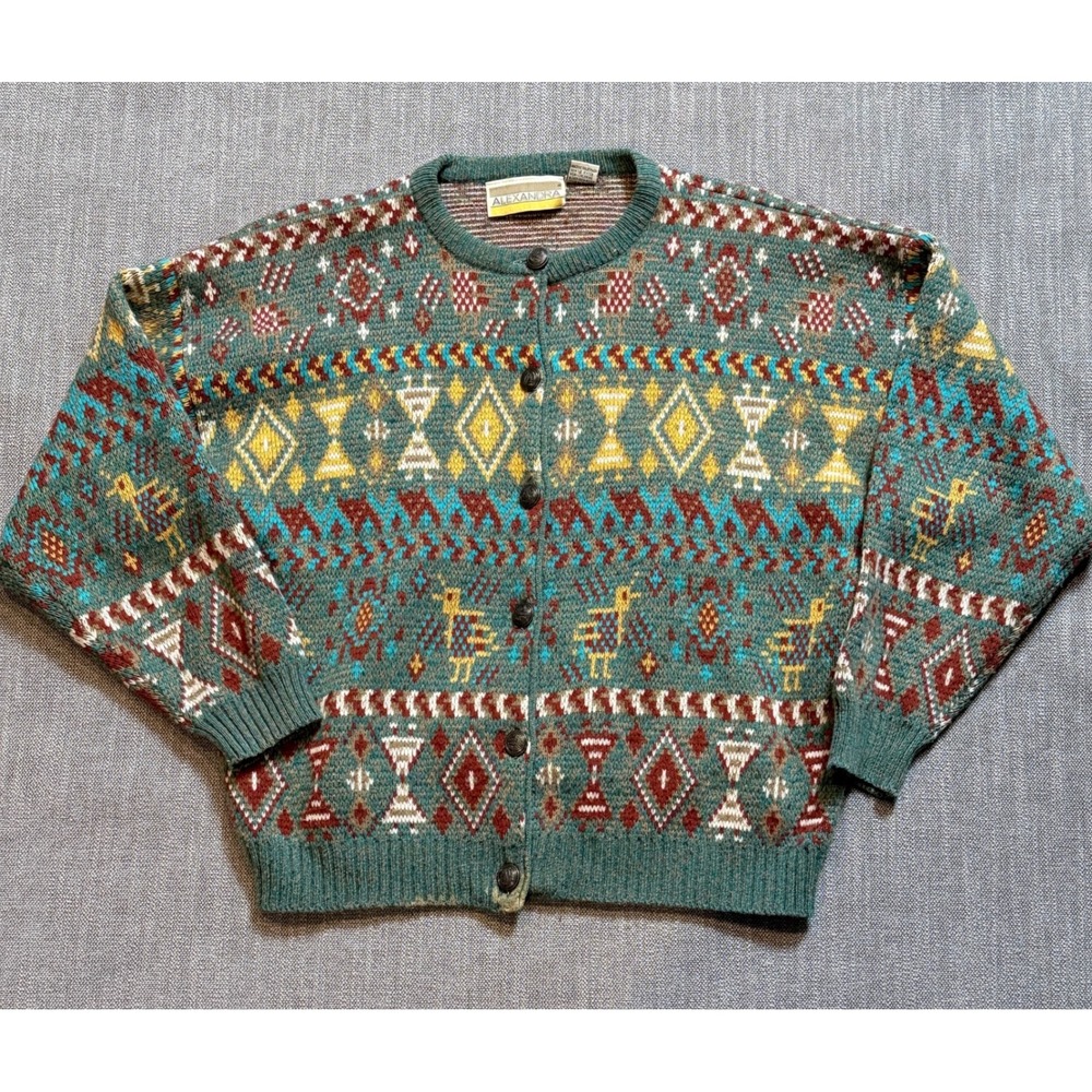 Alexandra Vintage Southwestern Teal Knit Cardigan‎ Sweater Bird Geometric Large